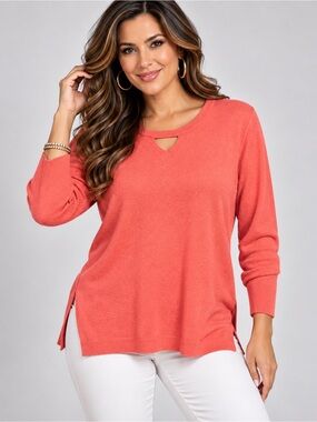 One A Coral Mixed Material Keyhole Tunic Sweater Top Size Medium
